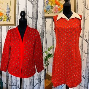 Vintage 70s Red Knit White Collar Dress + Sweater Retro 2 piece Brady Secretary